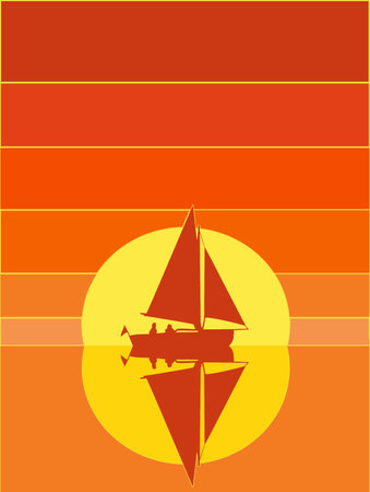 A sailboat and two passengers are seen in front of a colorful graphic sunset design in an illustration about vacation and travel and boating.の写真素材