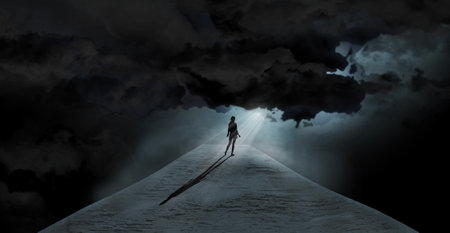 A young woman is seen on a dark path that leads to a glimmer of light among the dark clouds in the sky in a 3-d illustration.の写真素材