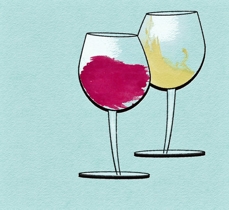 Watercolored glasses of red and white wine are seen isolated on a background in this 3-d illustration.の写真素材