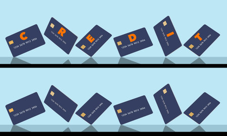 Six generic mock credit cards are seen on a graphic design background in a 3-d illustration that...