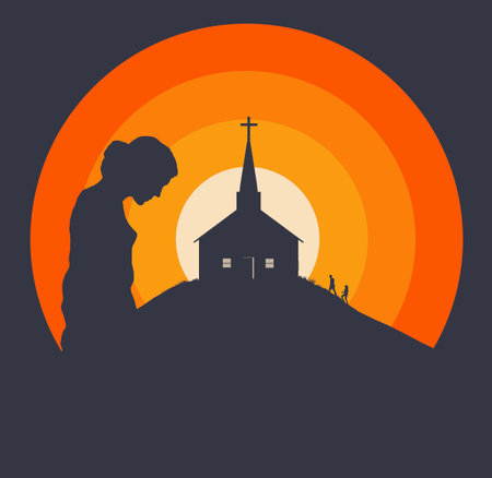 People walking are headed to the little church on the hill in their community. The church is seen in silhouette with windows glowing as the sun sets behind the steeple and cross.の写真素材