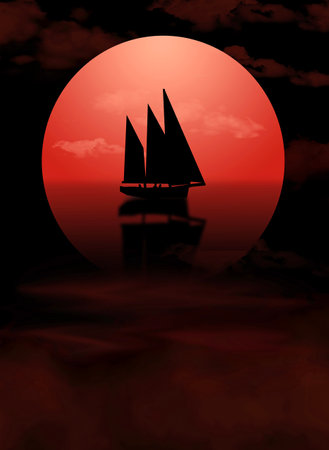 A sailboat and passengers are seen in the fog and in front of a red sunset in this 3-d illustration.の写真素材