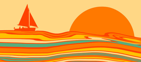 A sailboat and two passengers are seen in front of a colorful graphic sunset design in an illustration about vacation and travel and boating.のイラスト素材