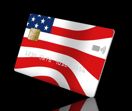 A credit card is decorated with the stars and stripes of the flag of the USA in a 3-d illustration about the economy of America.の写真素材