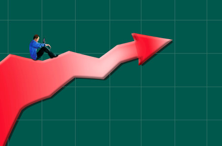 An investor balances on a stock market chart arrow in this 3-d illustration about timing the market and predicting itâs future.の写真素材