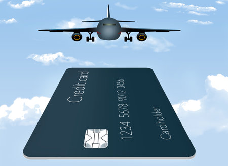 An airplane and a credit card are seen in the sky in this 3-d illustration about perks and miles offered to flyers who use credit cards.の写真素材