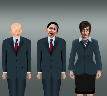 Co-workers who are childish and act like babies  are seen with a business woman in a 3-d illustration.の写真素材