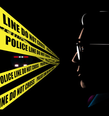 A man is confronted with police crime scene tape at night in a 3-d illustration.の写真素材