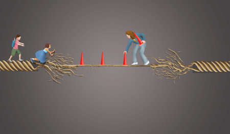 A mom and kids traverse a fraying and dangerous rope bridge in a 3-d illustration about showing your kids the way or setting an example for them.の写真素材