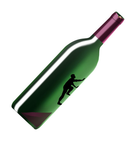 A young man tries to crawl out of an open bottle of wine in a 3-d illustration isolated on the background as a png file. This is about trying to quit drinking alcohol.の写真素材