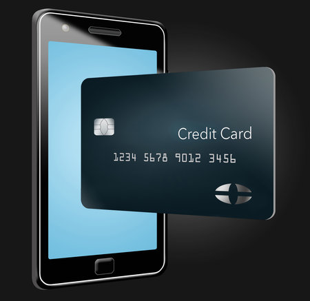 Here is a credit card and a cell phone for a 3-d illustration about paying with credit using a phone.の写真素材