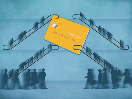 A credit card is seen in a busy public location with lots of people in a 3-d illustration.
