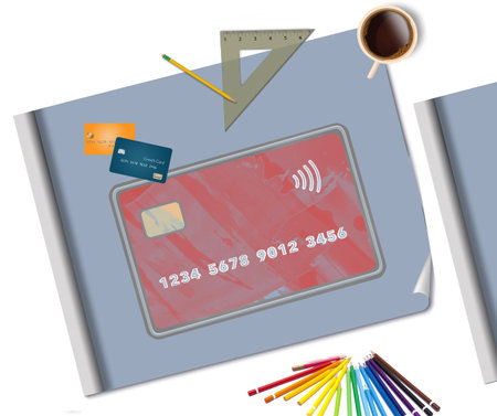A credit card design is seen on the drawing board in this 3-d illustration about designing your own bank card.の写真素材