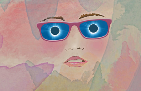 A total solar eclipse is reflected in the eyeglasses of a young woman in a 3-d illustration. Eclipse...