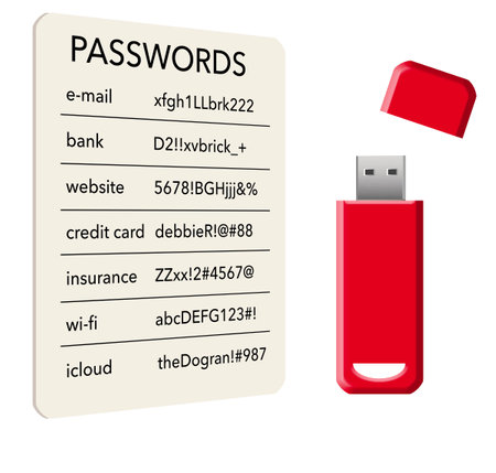 A card with passwords and a flash drive containing passwords are seen in a 3-d illustration about...