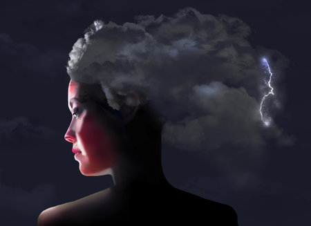 A beautiful young woman has hair made of storm clouds  on a stormy night with lightning. This is a...
