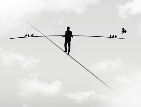 A tightrope walker concentrates as bird land on his balance pole in an illustration about focus and staying on task despite distractions.の写真素材