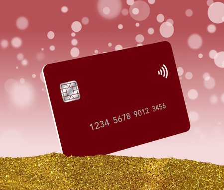 A red credit card  is seen in a pile of gold dust with bokeh circles in the background in a 3-d...