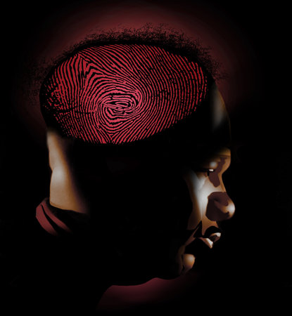 An African-American man is seen with a fingerprint image for a brain in a 3-d illustration about our minds are unique and each person is different.の写真素材