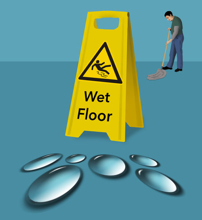 Wet floor sign is protecting people from slipping as a man mops the floor in a 3-d illustration.の写真素材