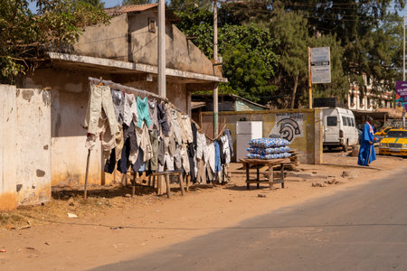 clothes trade stand, Africa, Gambia, Bakauの写真素材