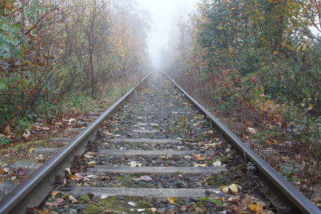 railway tracks on a foggy morningの写真素材