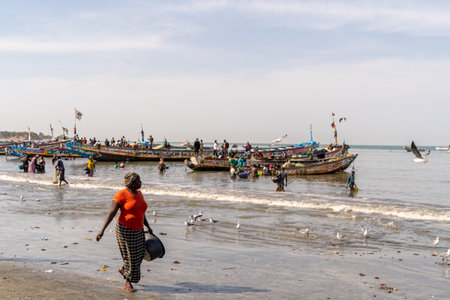 traditional African fish market, traditional activity, traditional fishing boats,の写真素材