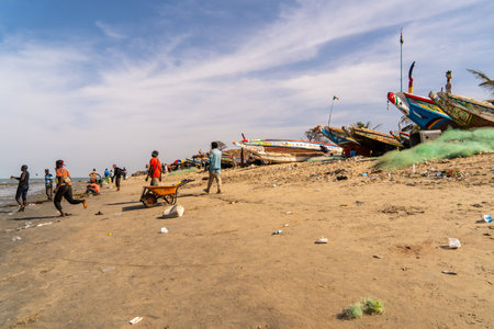 traditional African fish market, traditional activity, traditional fishing boats,の写真素材