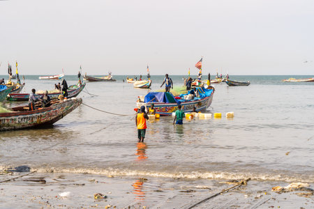 traditional African fish market, traditional activity, traditional fishing boats,の写真素材
