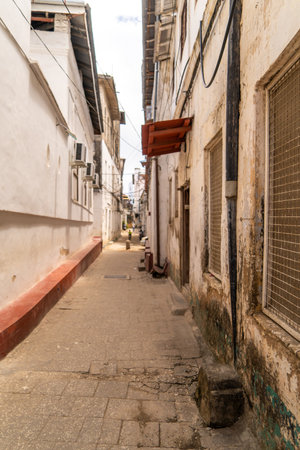 a view of streets and tenement houses in the city of zanzibarの写真素材