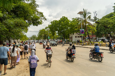 view of streets and stalls in zanzibar cityの写真素材