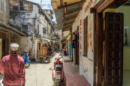 a view of streets and tenement houses in the city of zanzibarの写真素材