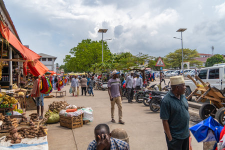 view of streets and stalls in zanzibar cityの写真素材