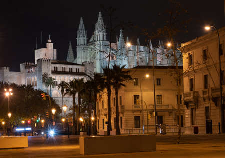 Palma de Mallorca, Spain - February 7, 2019: Cathedral Majorca at night lighting reflectedのeditorial素材