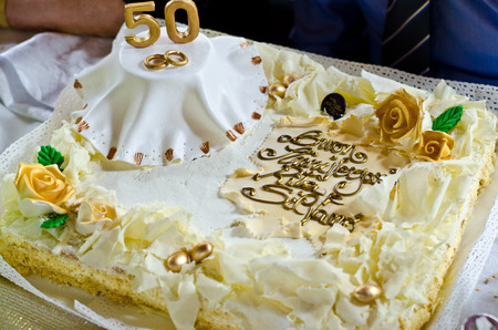 cream cake for anniversary of 50 years, golden weddingの写真素材