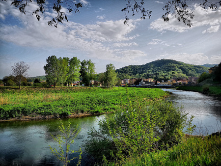 landscape with river surrounded by greeneryの写真素材