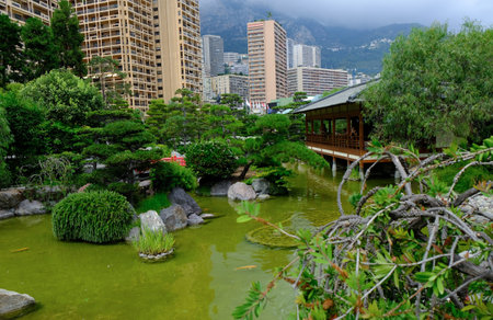 Japanese gardens and their Japanese traditions in the heart of the principality of Monacoのeditorial素材