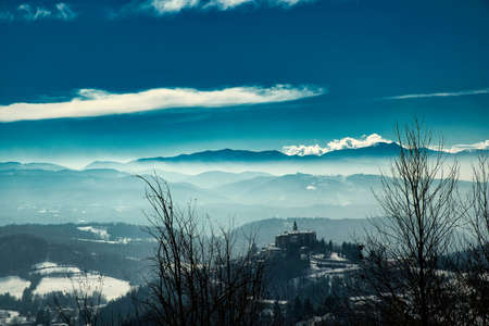 the monviso mountain range and the Piedmontese Langhe after a snowfall in the winter of 2022の写真素材