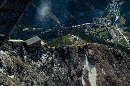 Aerial view of the cable car station in the Swiss Alps.