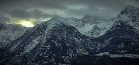 Panoramic view of snow covered mountains in the French Alps.の写真素材