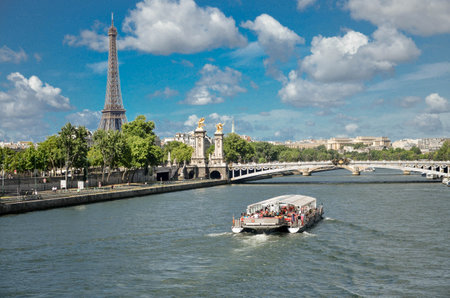 View of the Eiffel Tower from the Seine riverの写真素材
