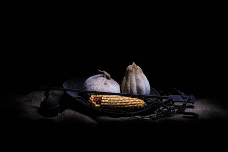 Rustic still life of pumpkins and corn on a black backgroundの写真素材