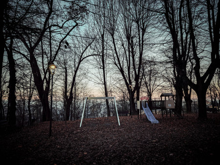 Wooden playground in the park at sunset with trees in the backgroundの写真素材