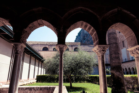 The cloister of the Monastery of Saint Francis of Assisi in Assisi, Italyの写真素材