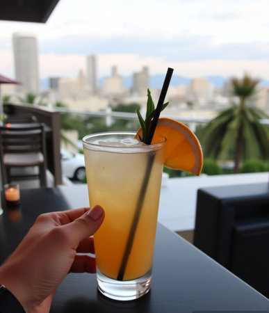 Orange juice in a glass with a straw on the background of the cityの素材