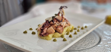 Grilled octopus dish on creamed potatoes, gourmet food in a Michelin-starred restaurant on the...