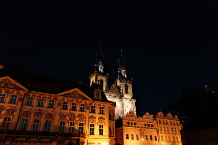 Prague, Czech Republic. Old Town Square with Church of Our Lady before Tyn at night.の写真素材