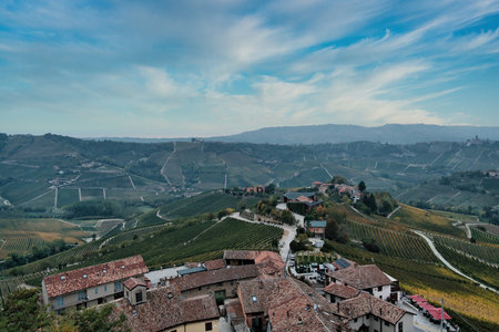 Panoramic view of the vineyards of the Langhe, Piedmont, Italyの写真素材