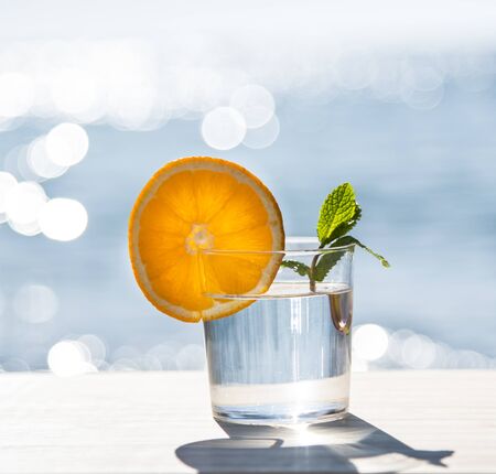 Vertical still life with oranges, peppermint and sea in the backgroundの写真素材