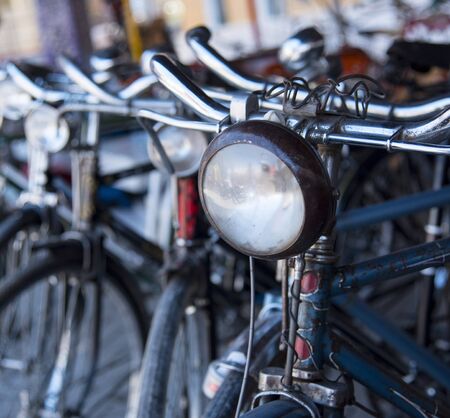 old bicycle headlights in an antique marketの写真素材